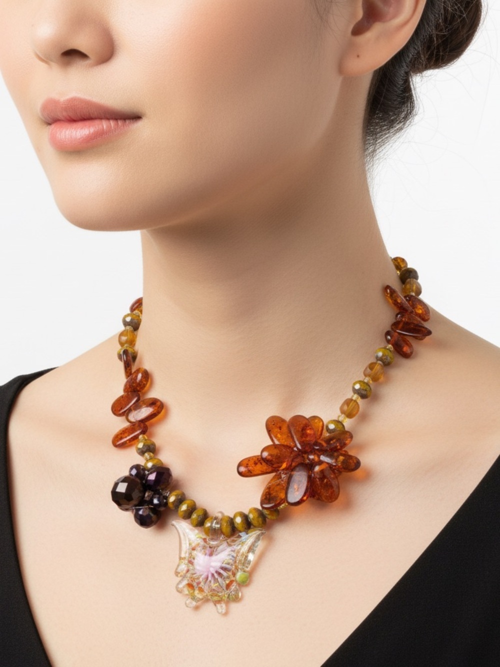 Amber ,Glass butterfly Statement Necklace - Unbranded
